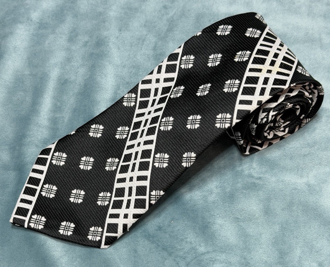Vintage 70s Modern Geometric Wide Neck Tie Pattern Mix Stripe Black Polyester