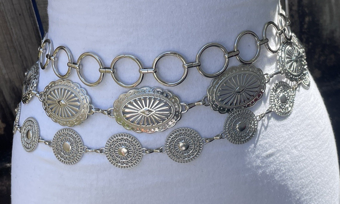 Lot of 3 vintage & Modern Silver Tone Concho & Circle Chain Belts