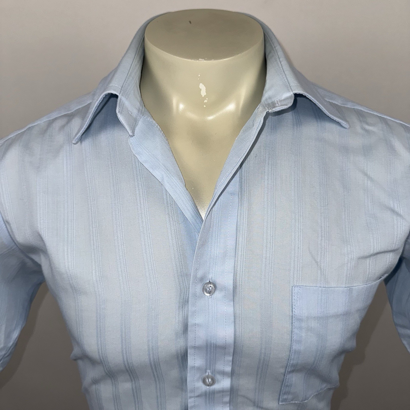 Vintage Sears Dress Shirt MCM Striped Mod Disco Light Blue 70s Medium Mens 15