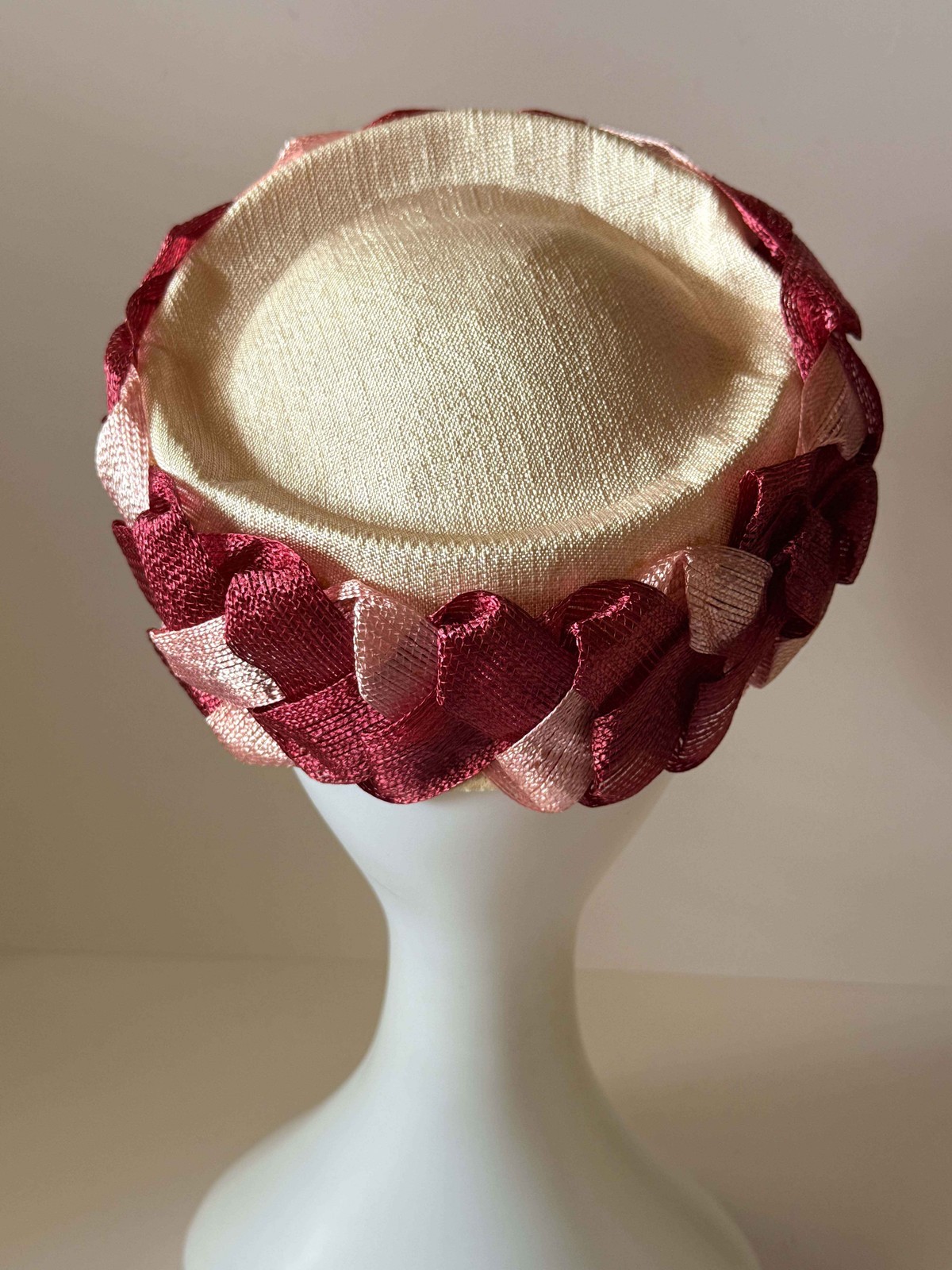 Vintage Burgundy & Blush Pink Woven Ribbon Pillbox Hat | 1960s Sculptural
