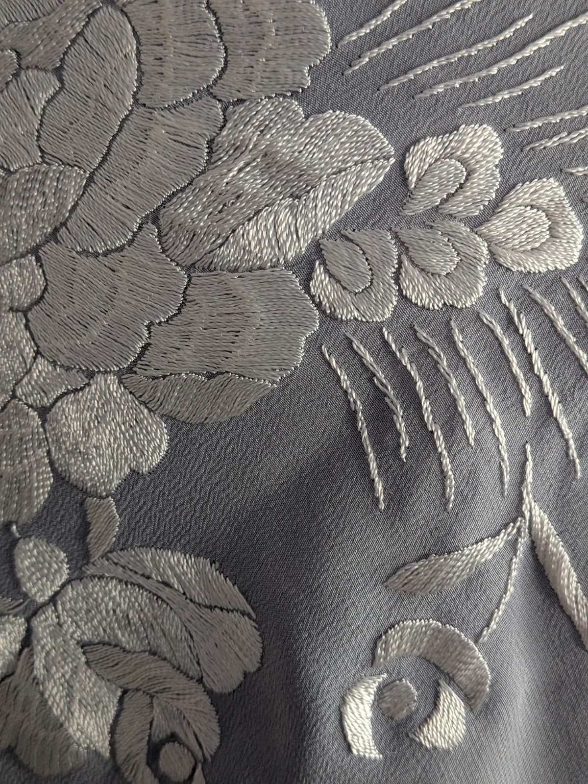Vintage Hand-Embroidered Spanish Silk Wrap/Piano Shawl-Dove Gray and Cream