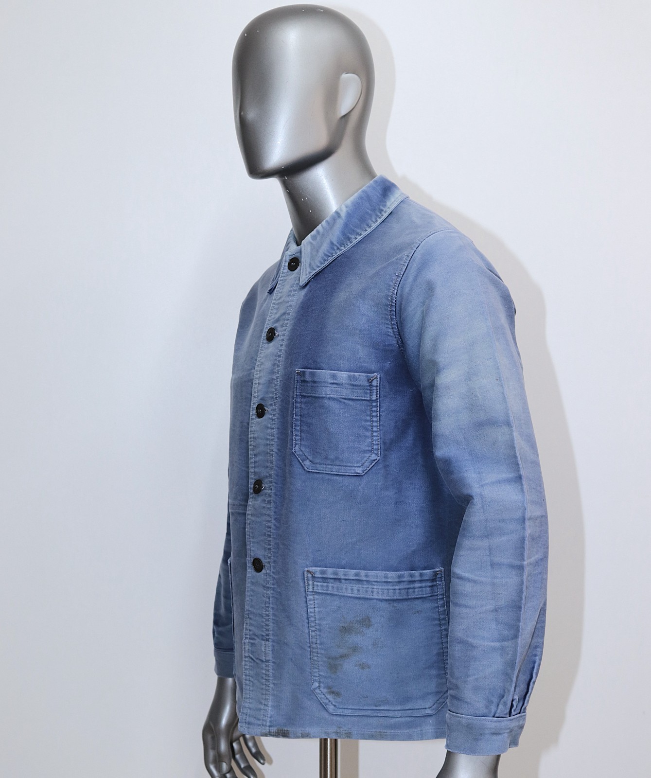 French 1940/50s Blue Moleskin Faded Stained Work Jacket DUBURE & DEVERCHERE Sz M