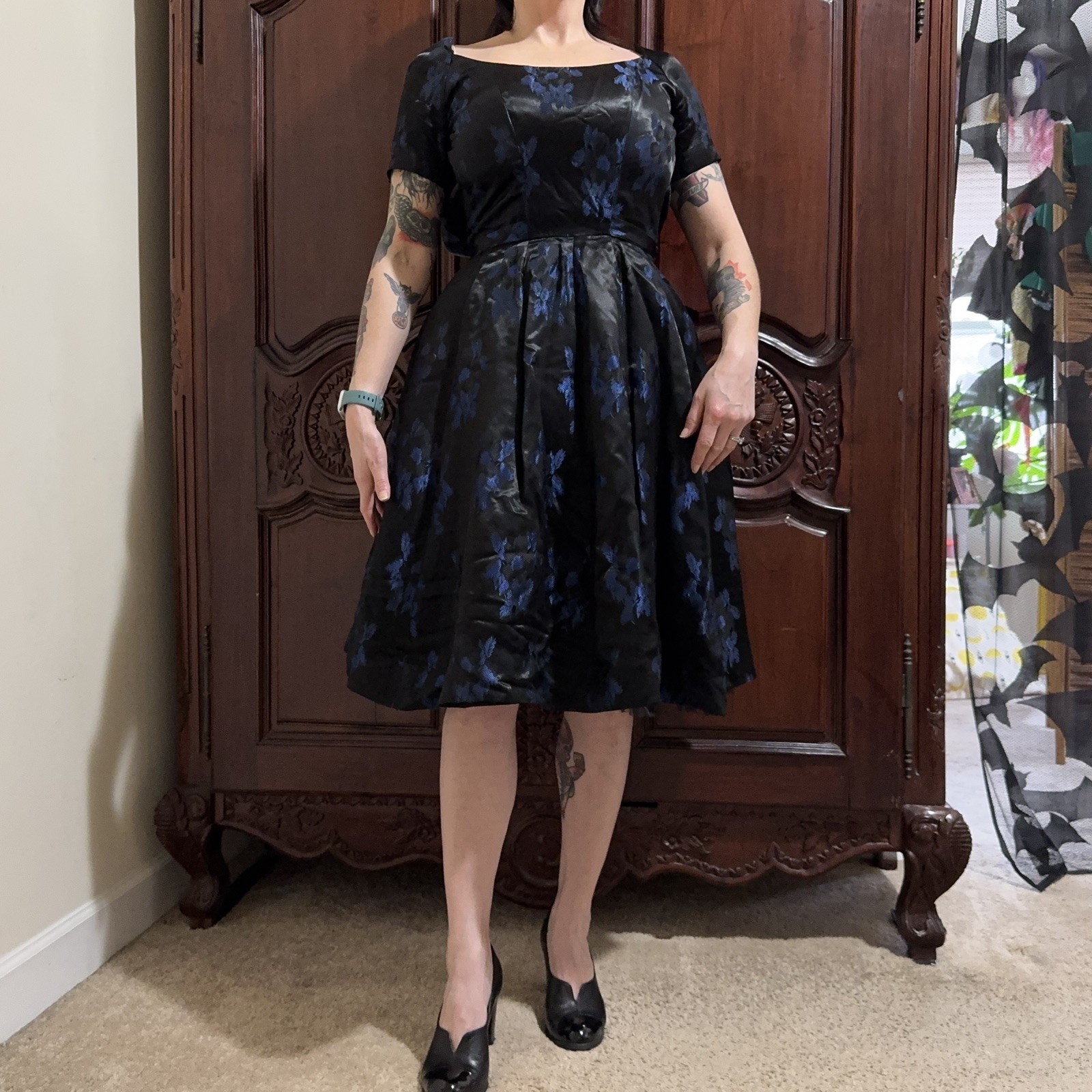 Gorgeous 1950s Vintage Suzy Perette Fit And Flare Black And Blue Party Dress