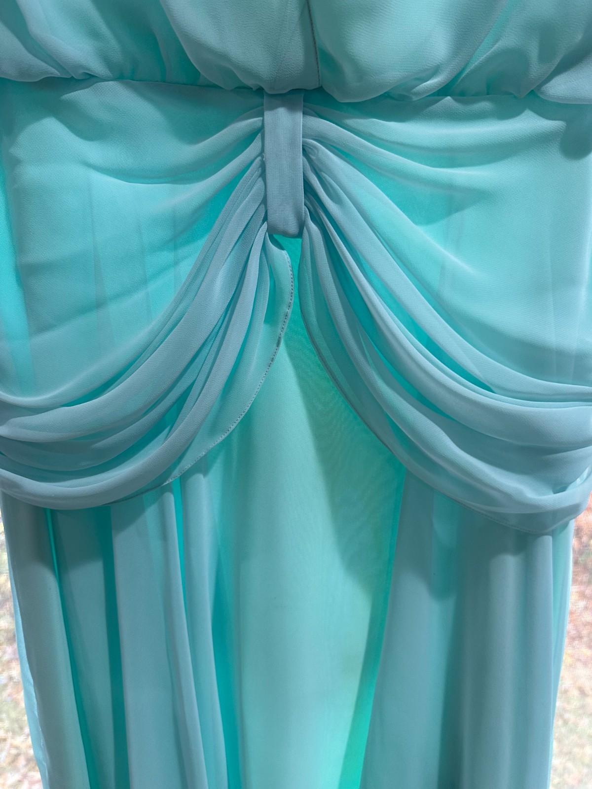 Vintage 1970-80’s Miss Elliette Aqua Green Lined Chiffon Dress w Beaded Shoulder