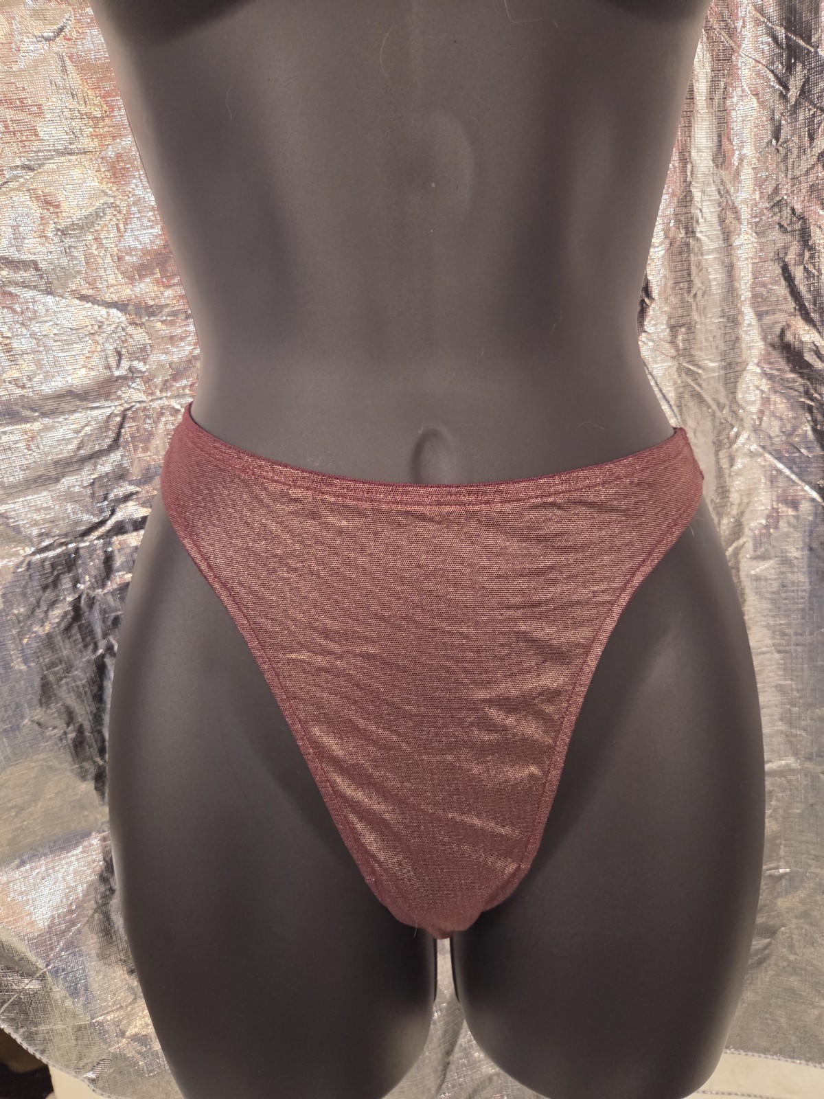 NEW Vintage Shiny Metallic Gold Burgundy Express Hicut String Thong Small 5