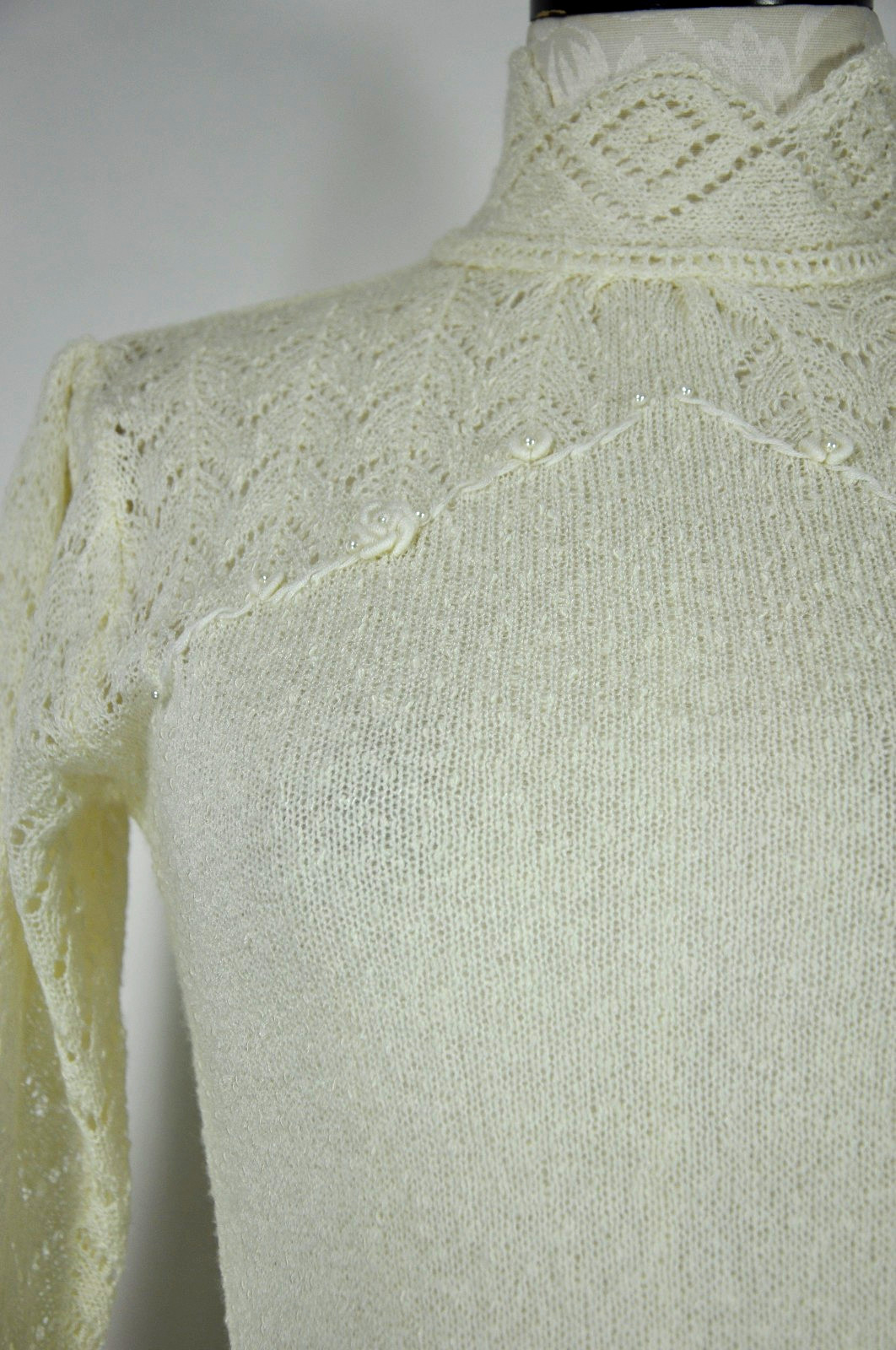 70s Vintage Cream Off White Pointelle Knit High Neck Pearl Sweater Dress Women M