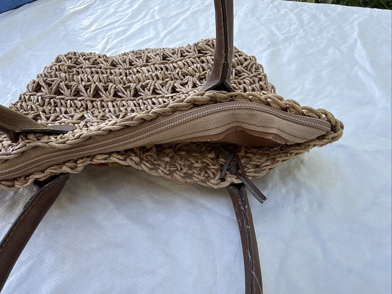 Boho Vintage Woven Bag Wooden Beads Faux Leather Handles Natural inside zipper