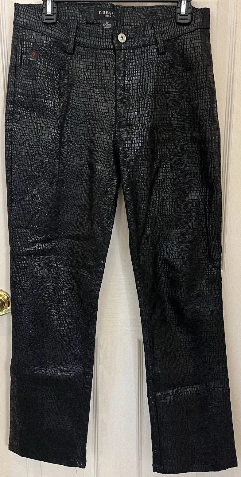 Vintage GUESS USA Y2K Croc Snake Embossed Black Pants Sz 30 90s Model Off Duty