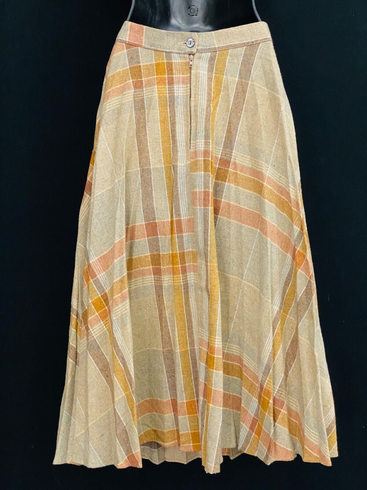 Vintage 1970s tan wool plaid skirt, below knee high waist gold A line boho S