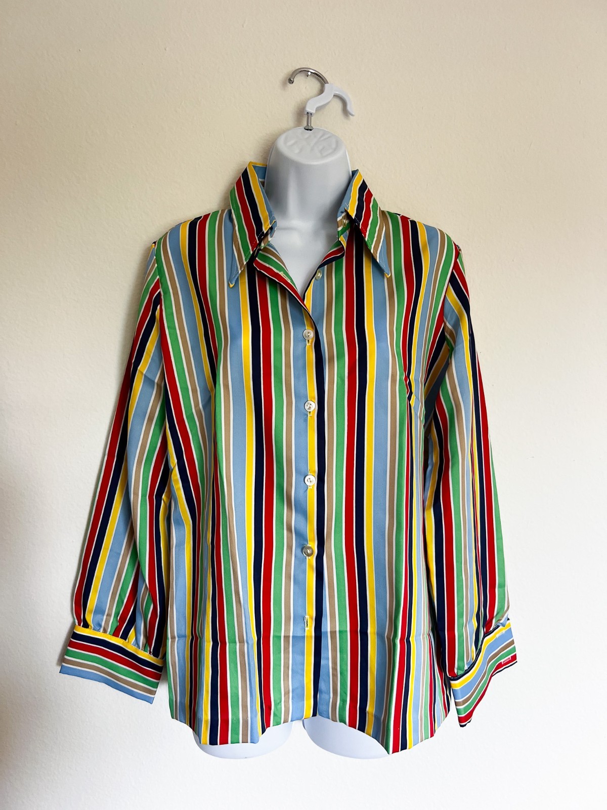 Vintage 70’s Spiegel Colorful Polyester Blouse Shirt Button Up Striped Size 10