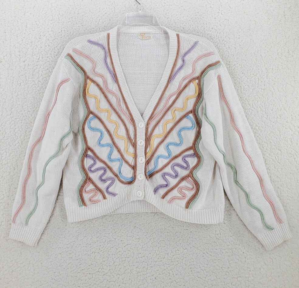 Cardigan Sweater Button V-Neck Cream Colorful Pastel Overstitch Cable M Vtg 80s