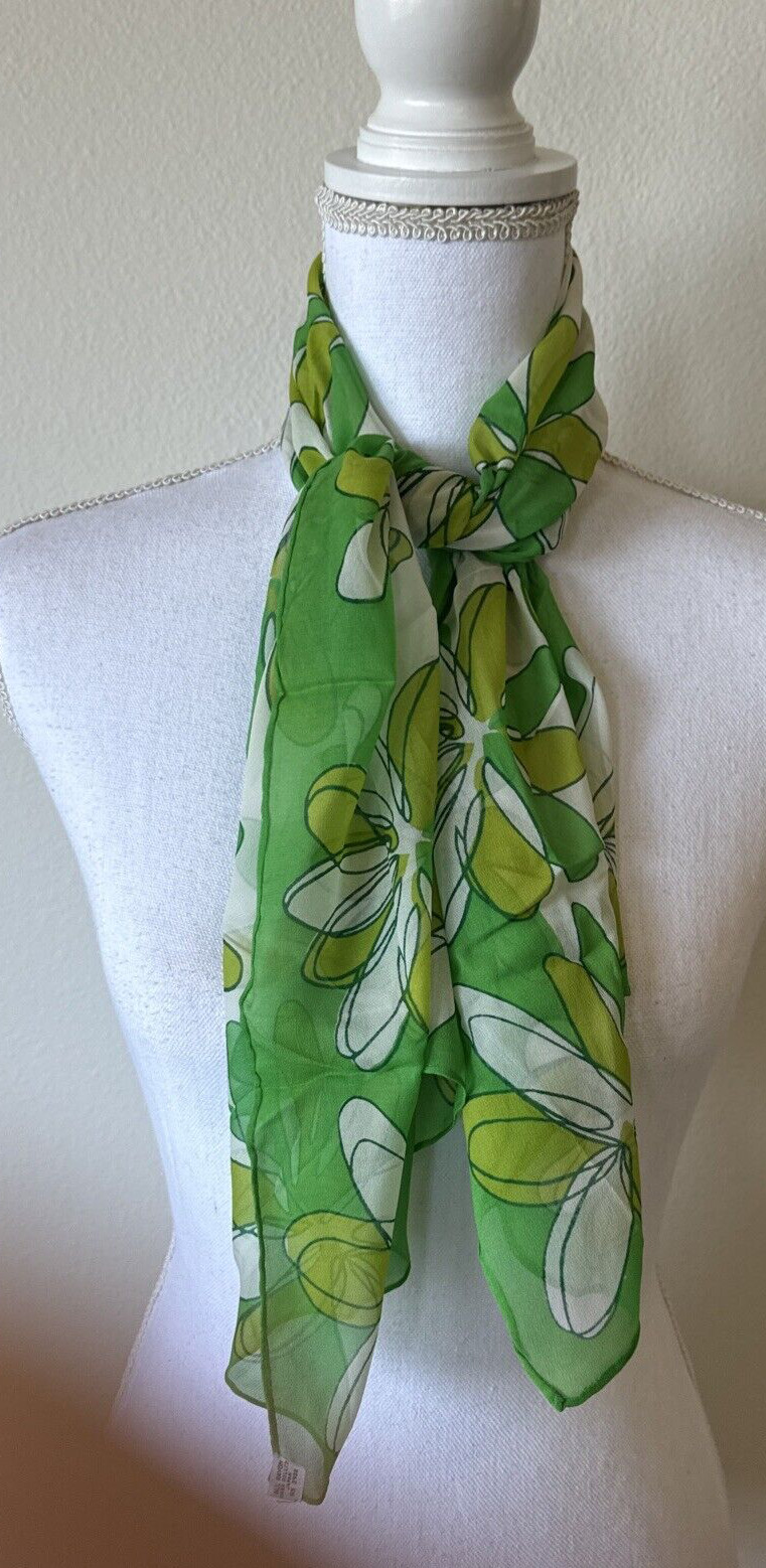 Vtg Mid Century Modern 42×16 Sheer Rayon Rectangle Green Floral Scarf Japan D18