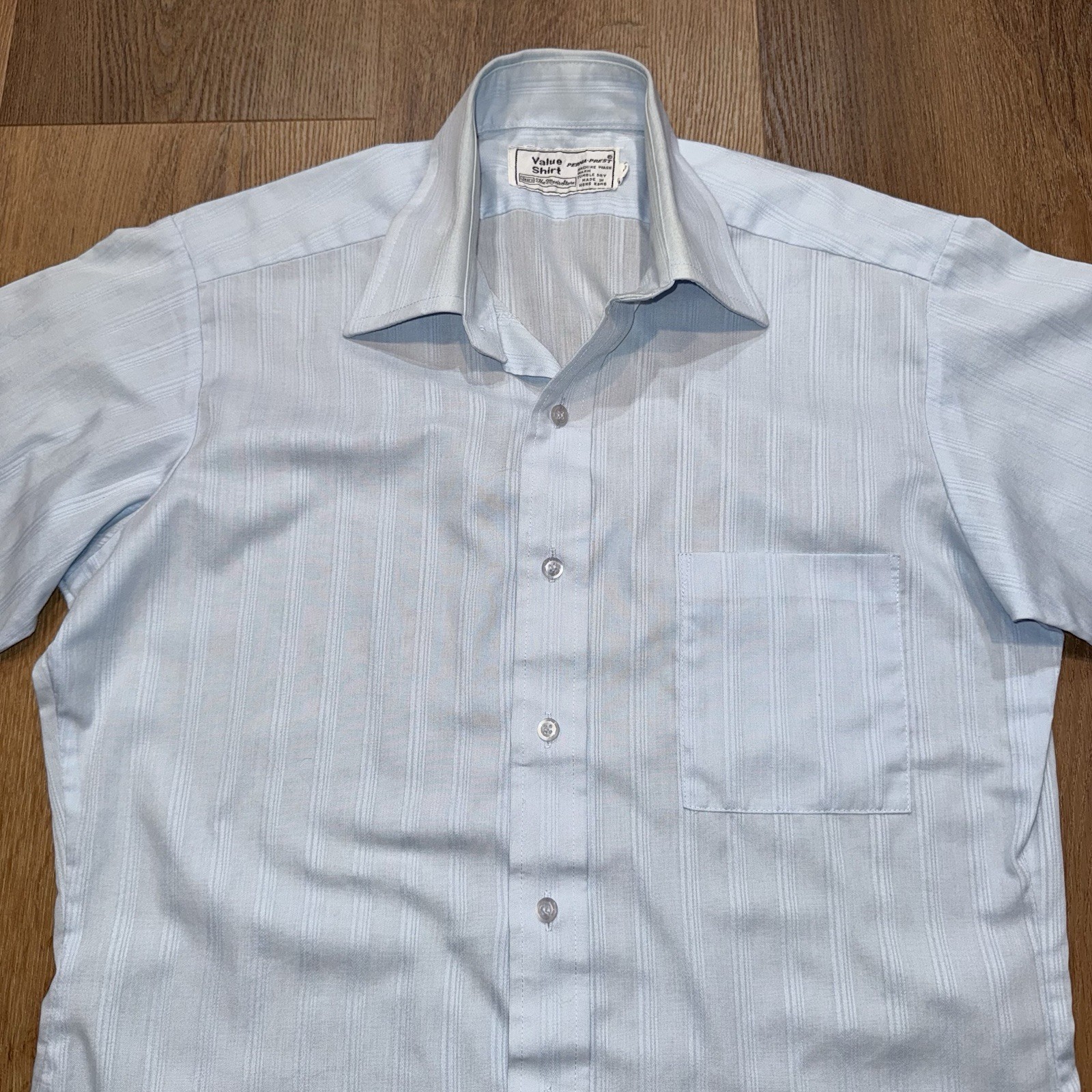 Vintage Sears Dress Shirt MCM Striped Mod Disco Light Blue 70s Medium Mens 15