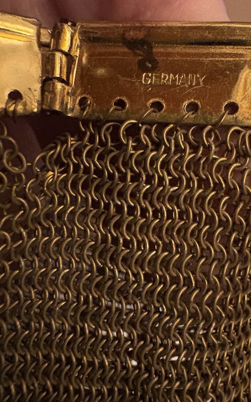 Germany Art Deco Vintage Gold Mesh Coin Purse Rhinestone Frame Expandable Bag 3″