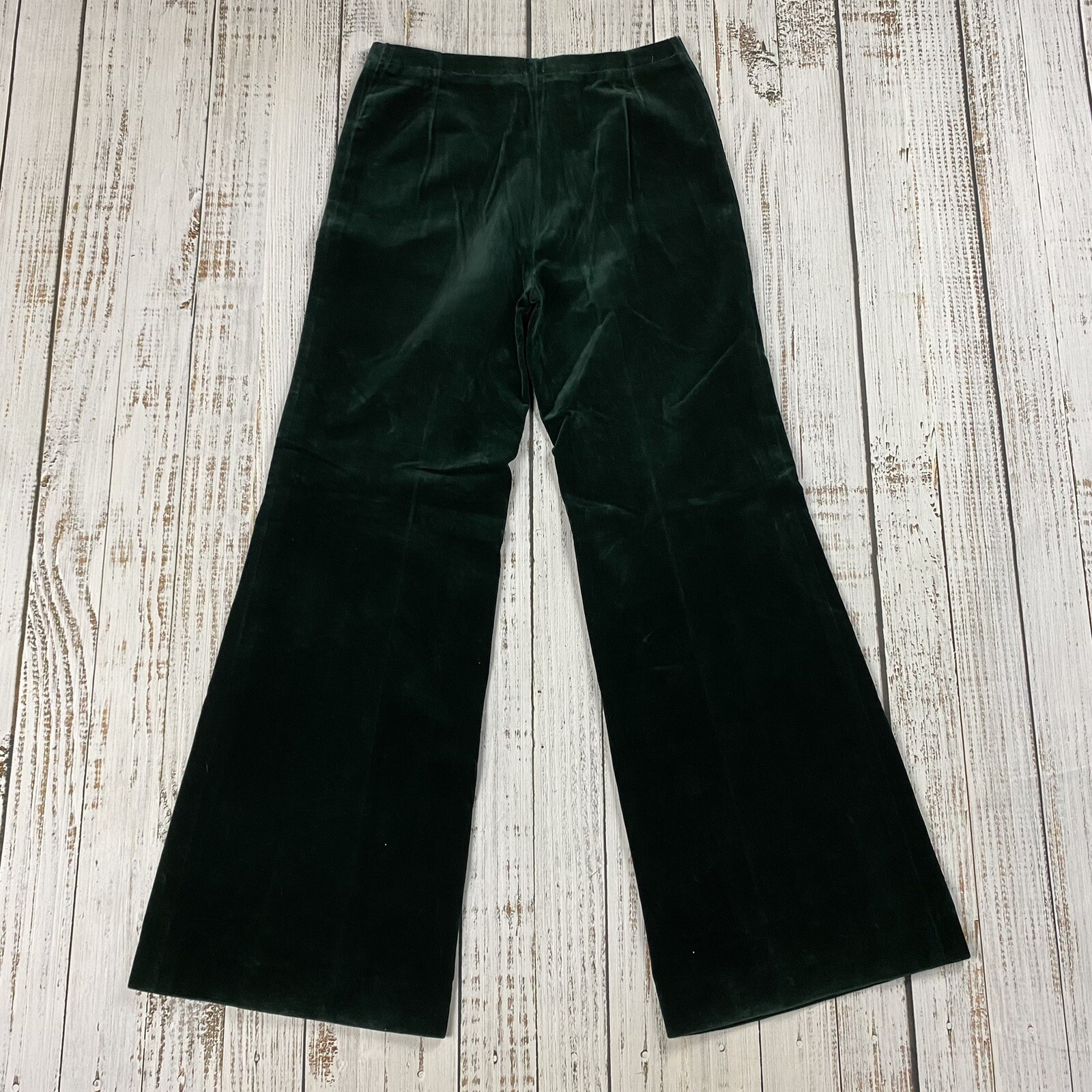 TRUE VTG 60S VELOUR HIGH RISE ZIP BELL BOTTOM PANTS FORREST GREEN HIPPY 29×31