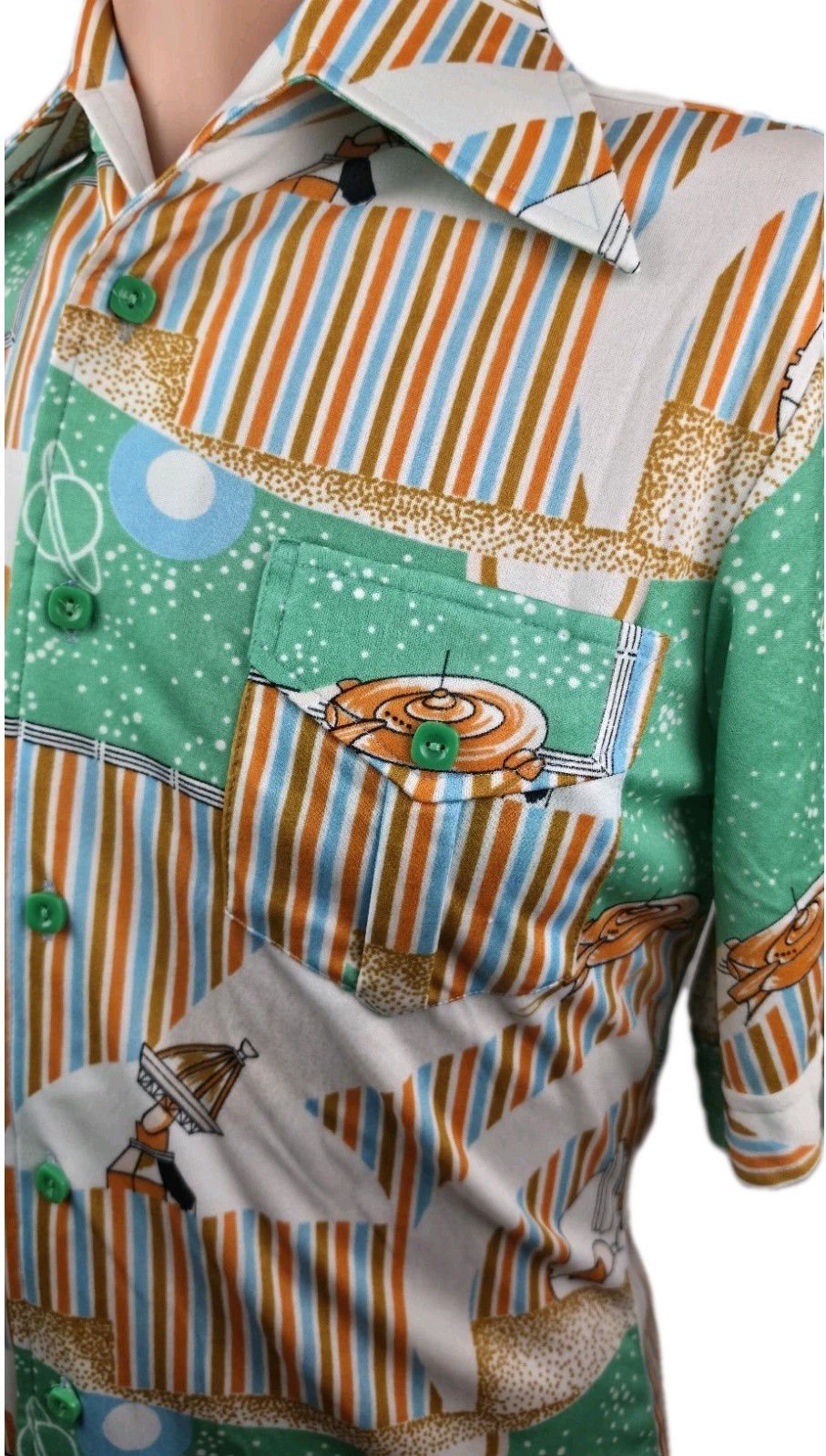 Vintage Tik-Tak 70s Retro UFO Spacey Button Nylon Shirt Men’s Size Small