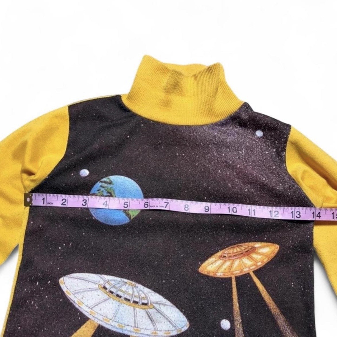 RARE VTG 70s HealthTex UFO Space Ship Yellow LS Mock Neck Shirt Boys 8 USA Made
