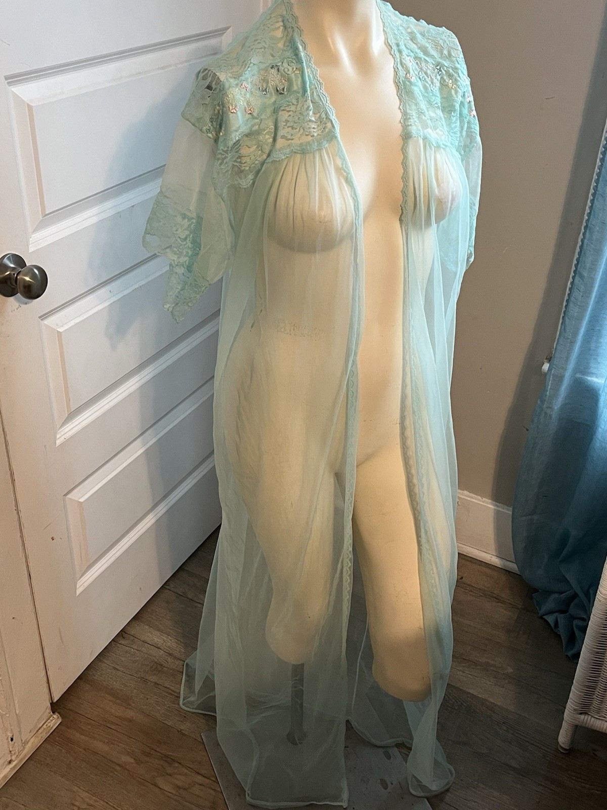 Vintage Stardust Sheer Aqua Blue Lace Robe Nylon Open Front 60” Small S