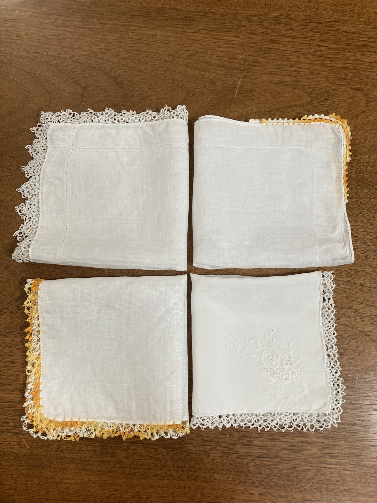 4 Vintage 1950s White Handkerchiefs Cotton Linen Crochet Lace Edge Embroidery