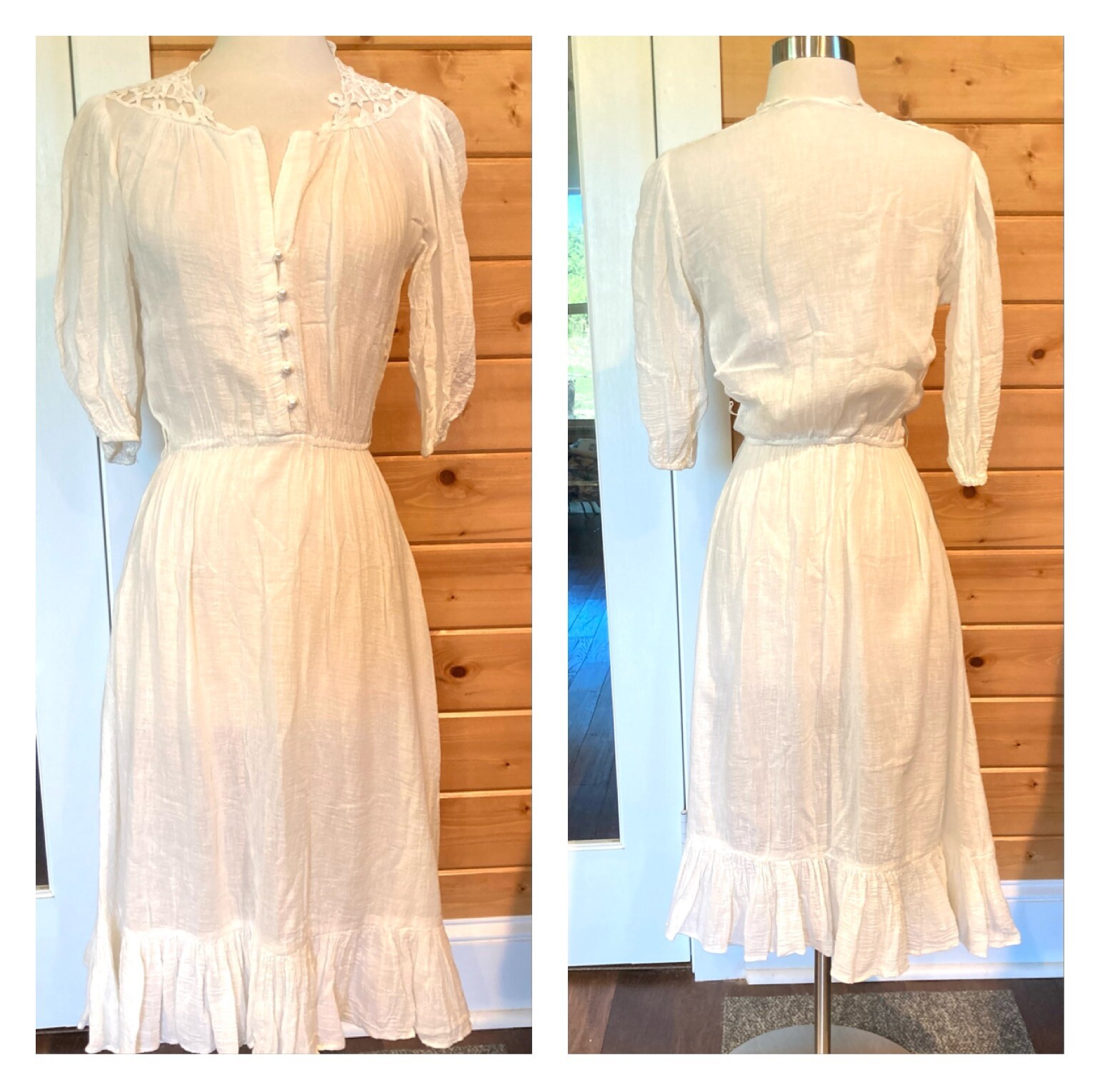 Vintage 1960s India gauze hippie dress, white full skirt crochet shoulder B 38