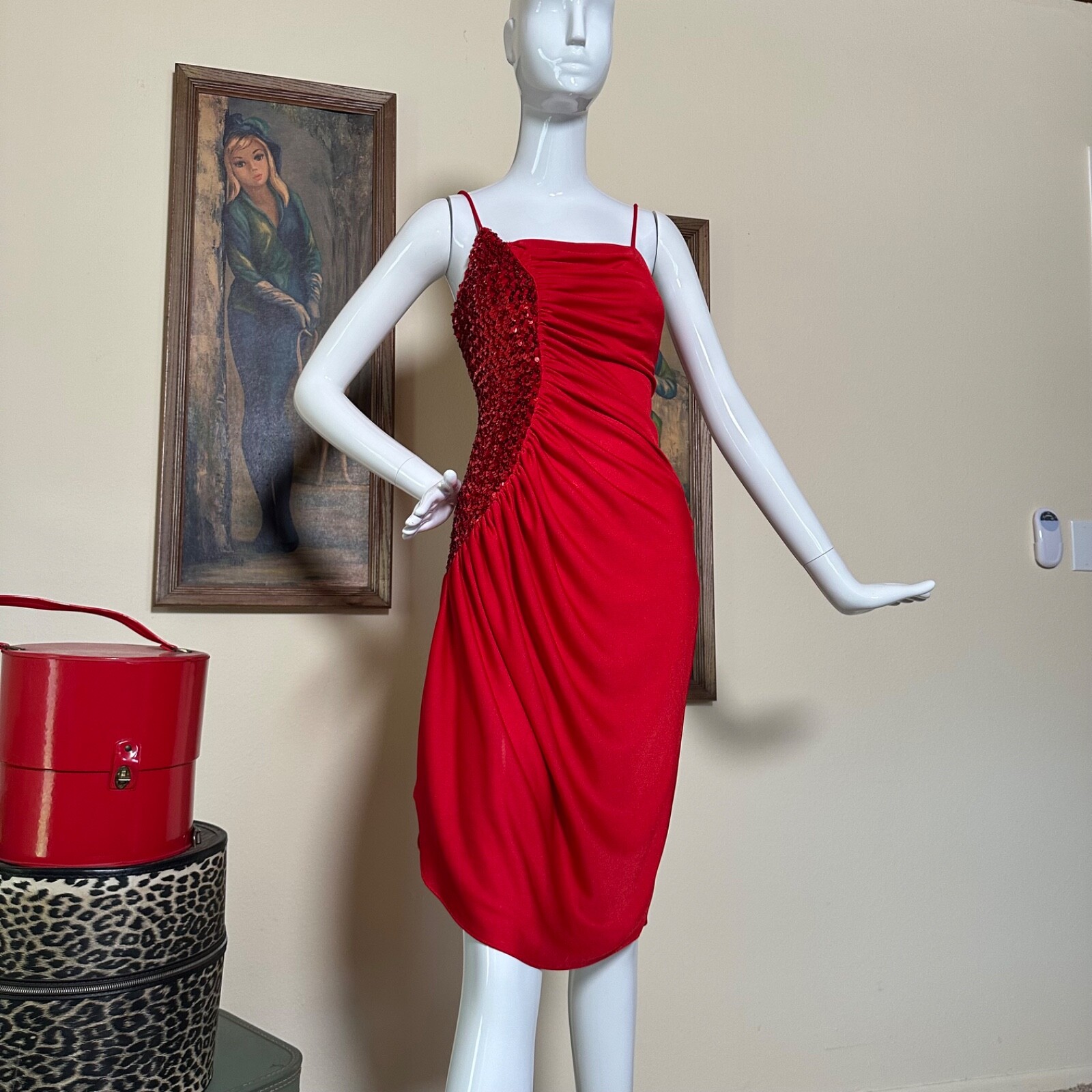 Vintage 70s New Leaf by Samir Slinky Disco Dress Sequined Draped Red Jersey S