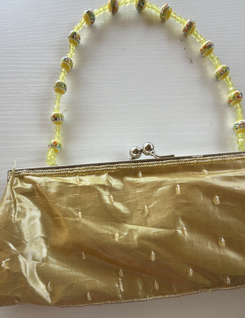 Vintage Beaded Floral Sequin Clutch Evening Bag Gold Handbag Kiss Lock Strap