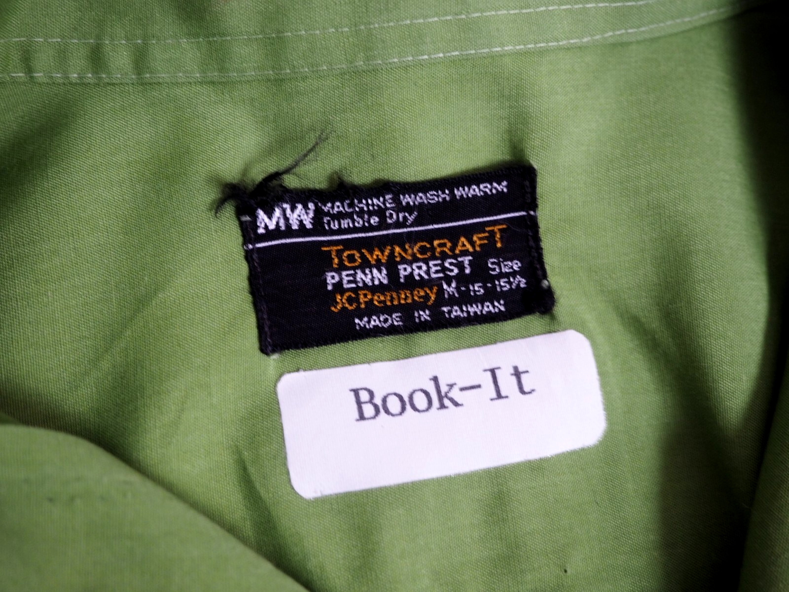 VTG 70s Penneys Towncraft Faded Green Pocket Polycotton Hippy Button Shirt M