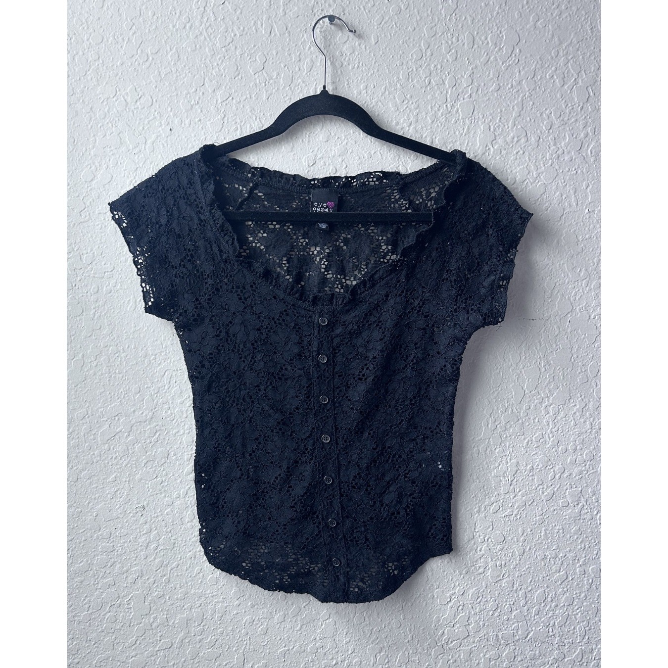 VintageY2K Woman’s Black Short Sleeve Lace Button Up Shirt Whimsigoth (Medium)
