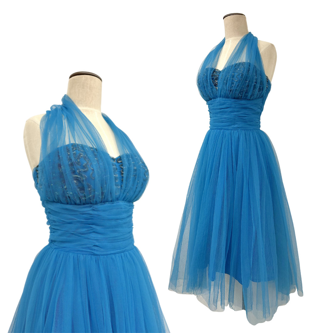 Vintage 1950s Blue Sequin Halter Tulle Cupcake Party Dress