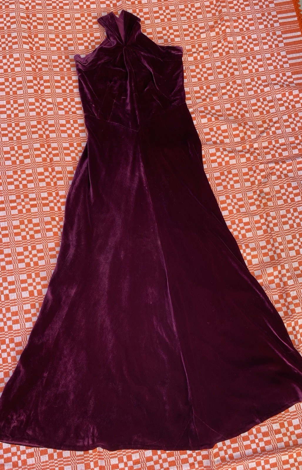 Antique 1930s Merlot Silk Velvet Gown With Criss Cross Halter Neckline