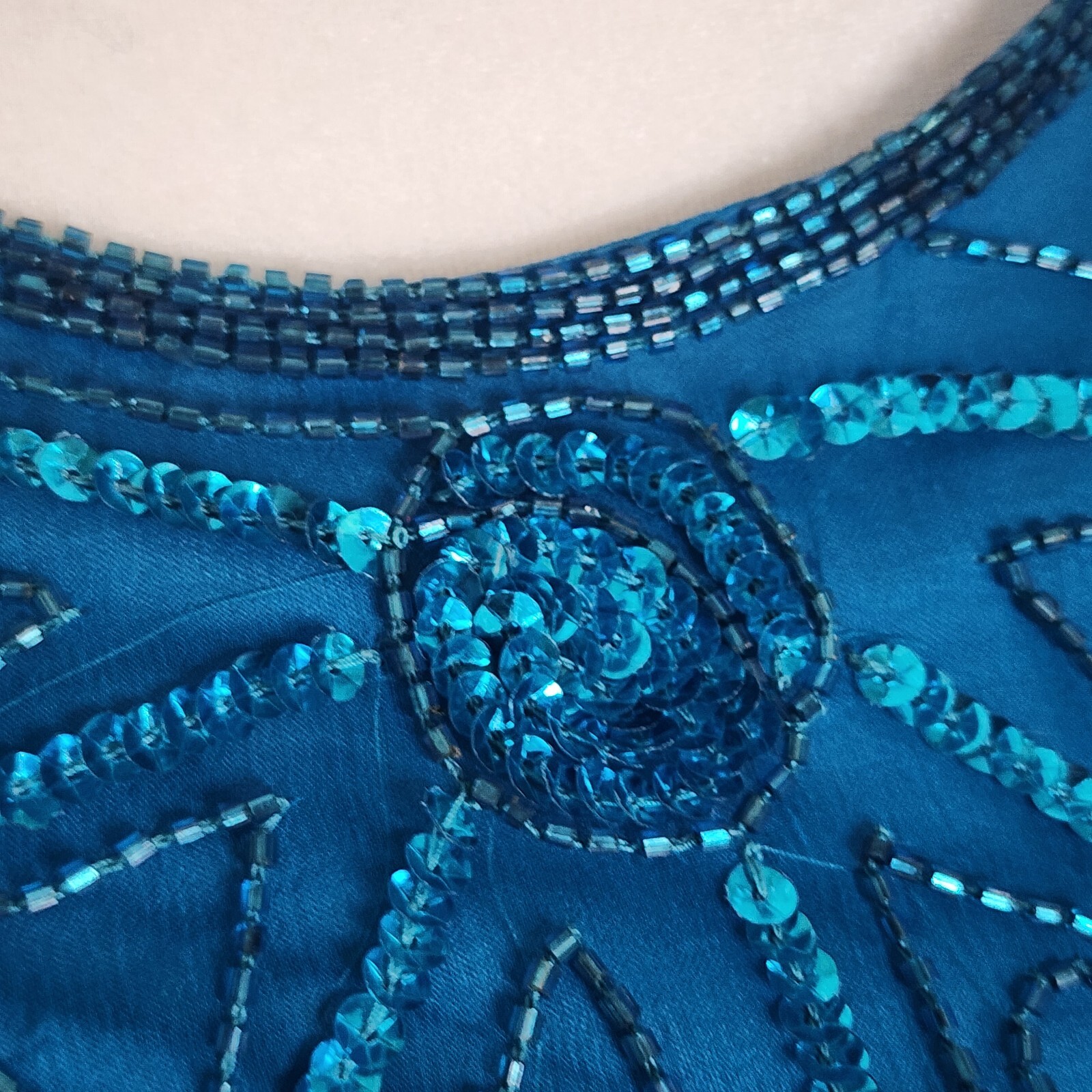 Vintage Beaded Open Back Gown Short Sleeve Full Length Turquoise Dress Large