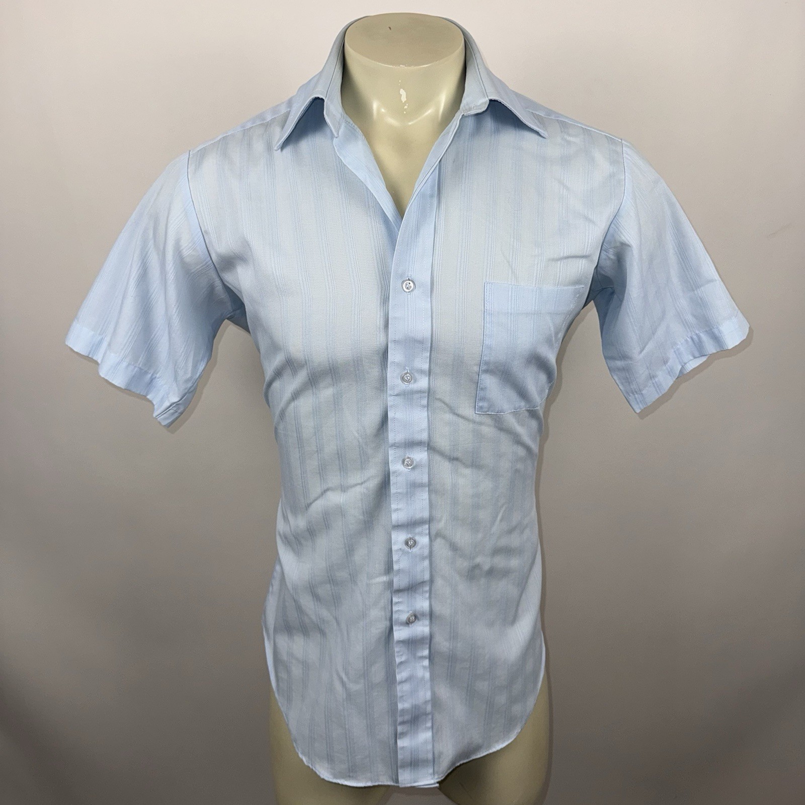 Vintage Sears Dress Shirt MCM Striped Mod Disco Light Blue 70s Medium Mens 15