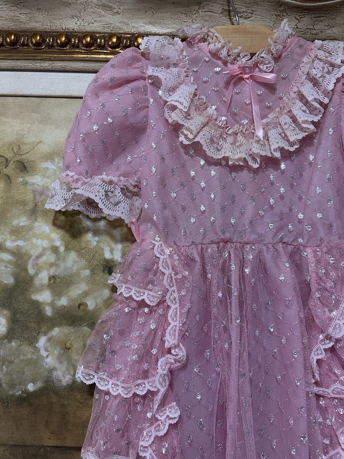 Vintage Frilly Pink Lace Ruffle Party Dress Girls Size 8 Sparkle Sheer Overlay