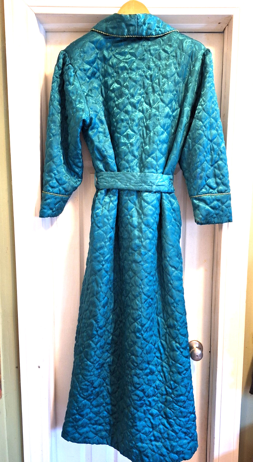 Vtg 1970s Christian Dior emerald quilted robe fits S to L gold trim excellent!