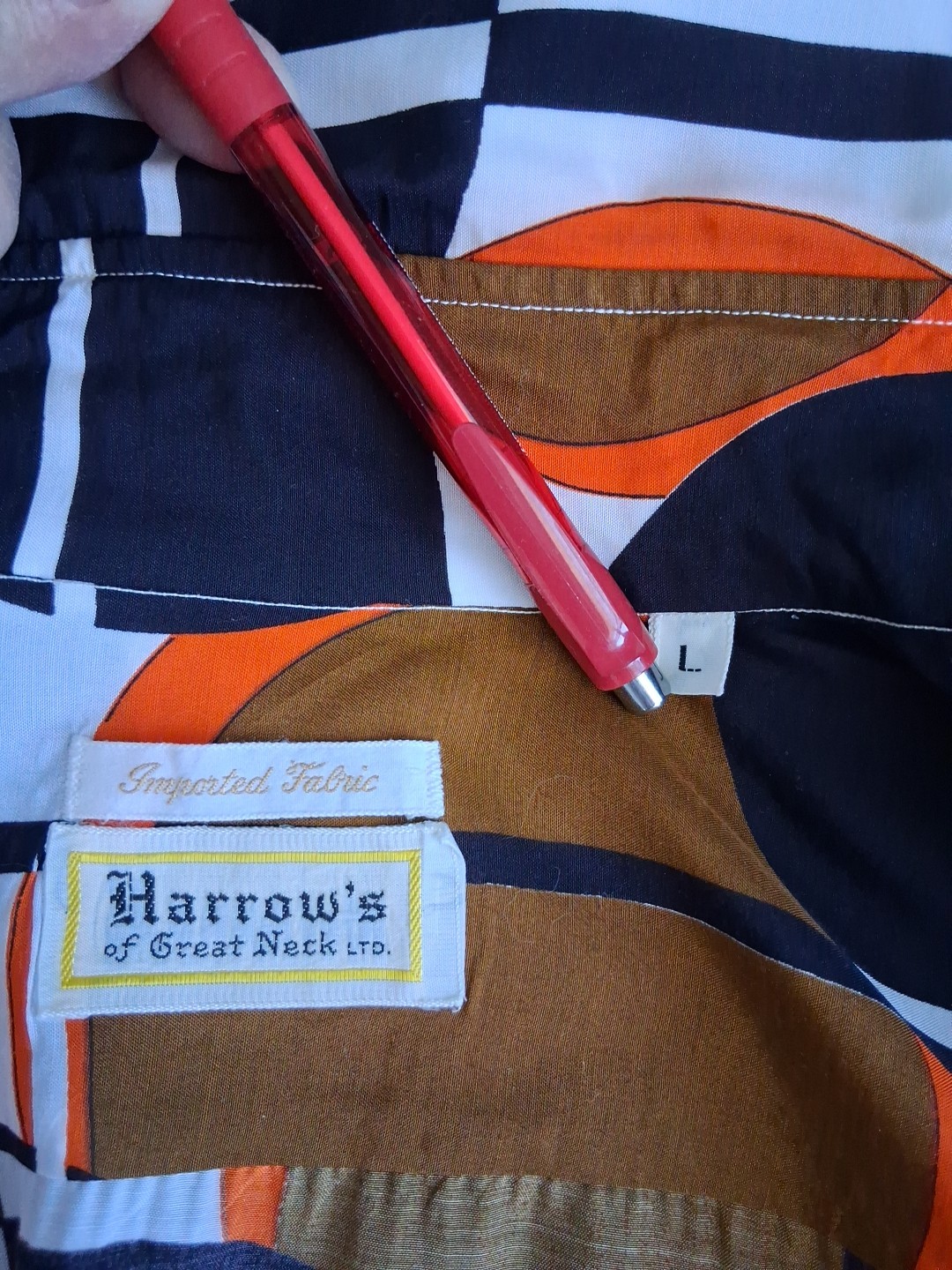Vtg Harrow’s of Great Neck LTD Shirt Bright Geometric Big Collar Synthetic Men L