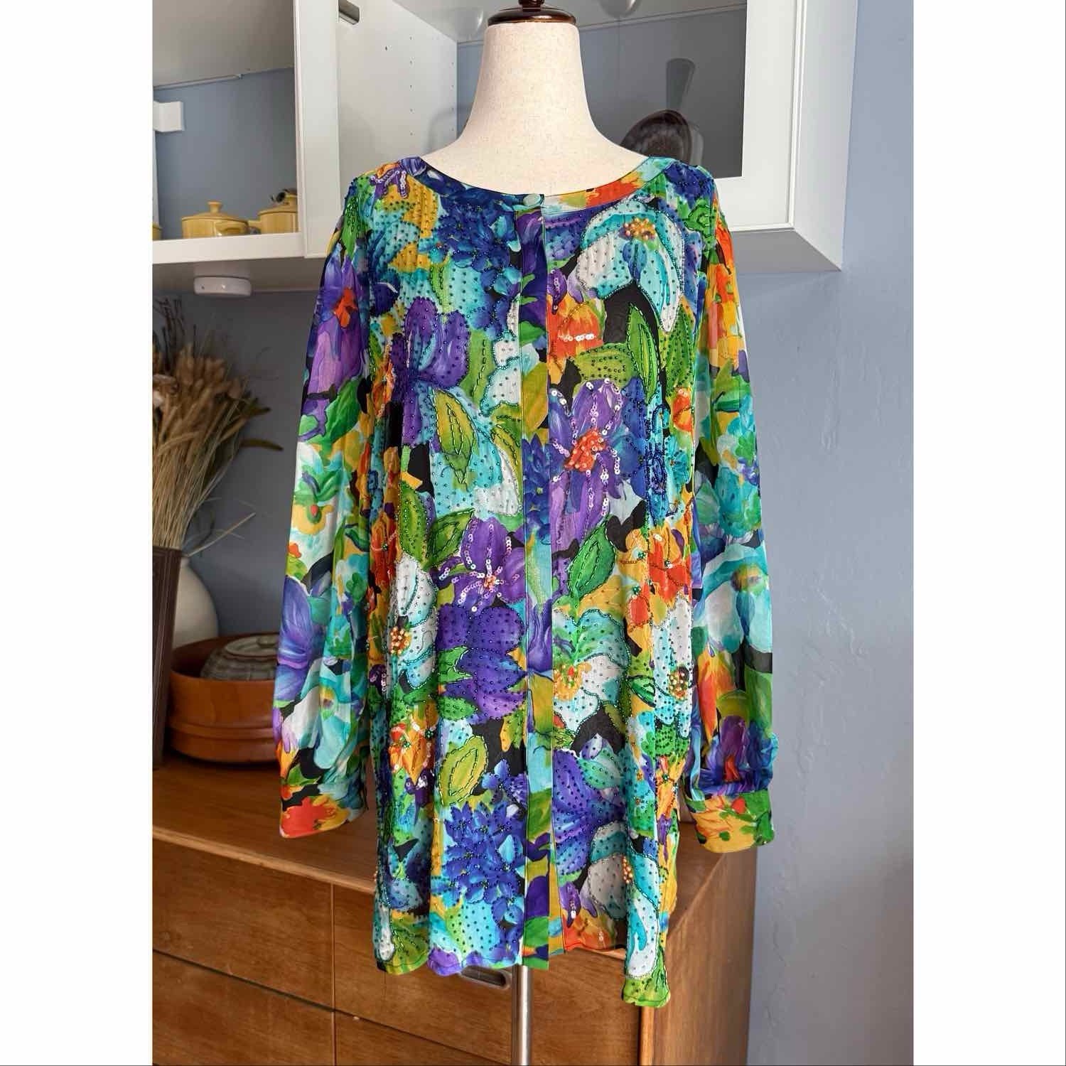 VTG Diane Freis Blouse Shirt Size Silk Bead Sequin Retro Glam Festive Luxury M/L