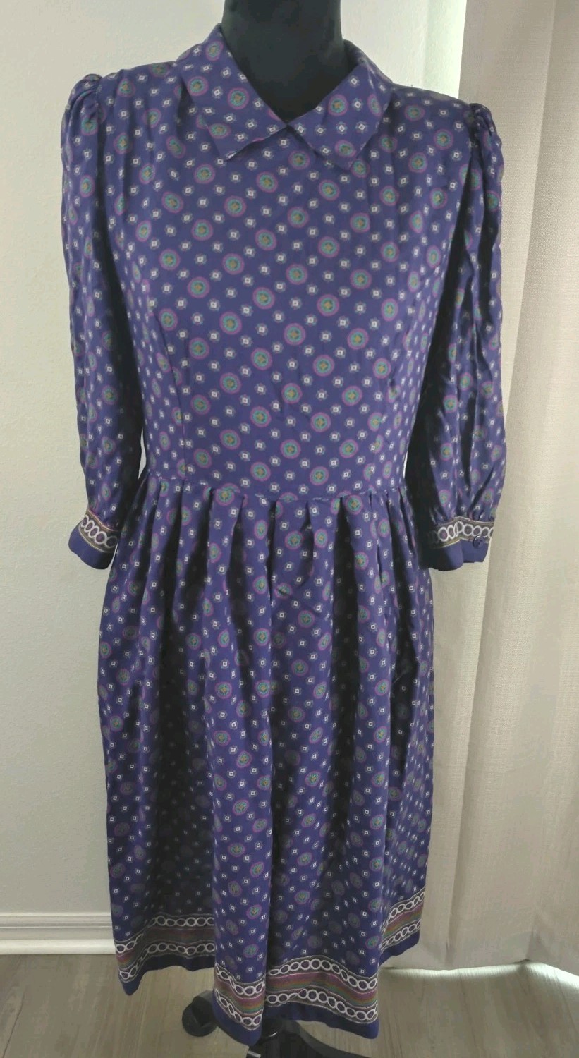 Vtg 80s Petite Lanz Prairie Dress Purple Geometric Midi Cotton Peter Pan Collar
