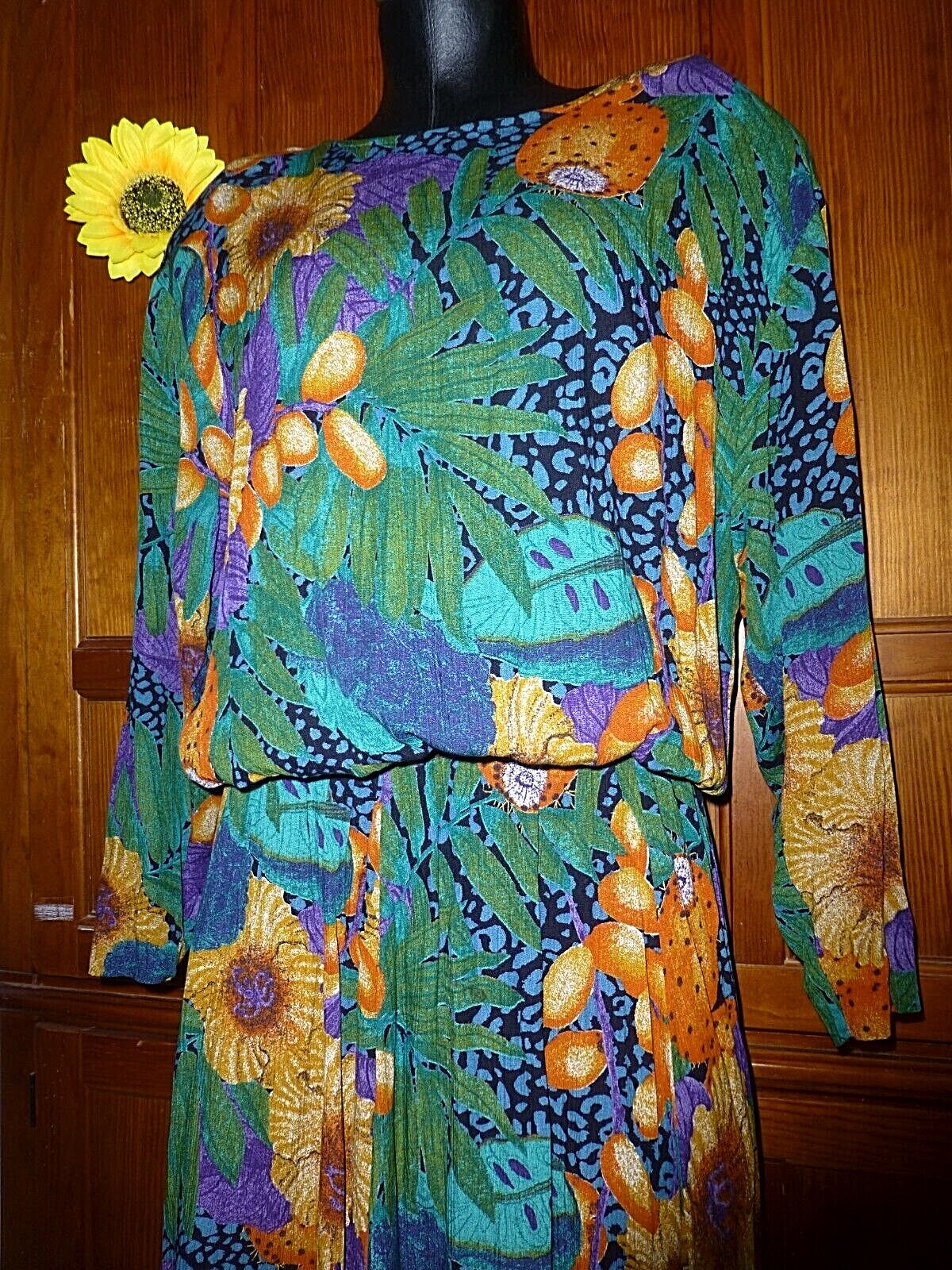 Vtg 80s KAREN KANE Floral Print Rayon Drop Waist Gypsy BOHO festival Midi DRESS