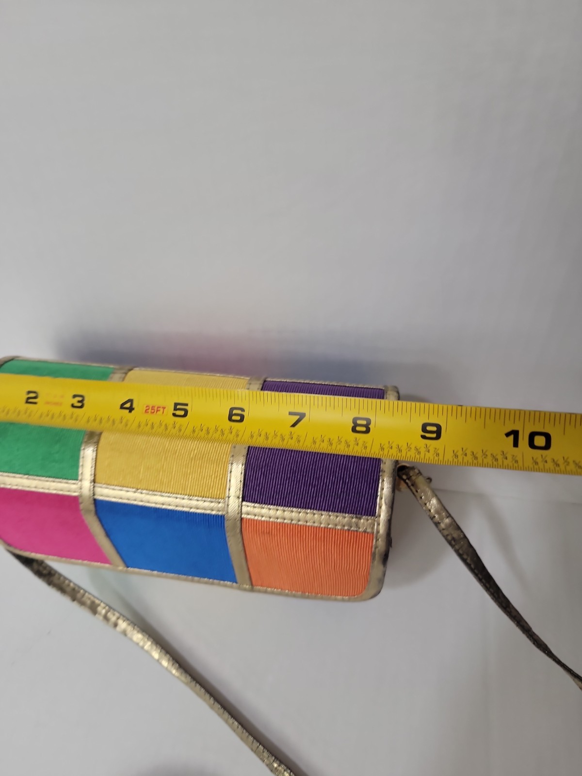 Vintage Color Block Wood Panel Crossbody Clutch Purse Rainbow Gold Trim Unbrande