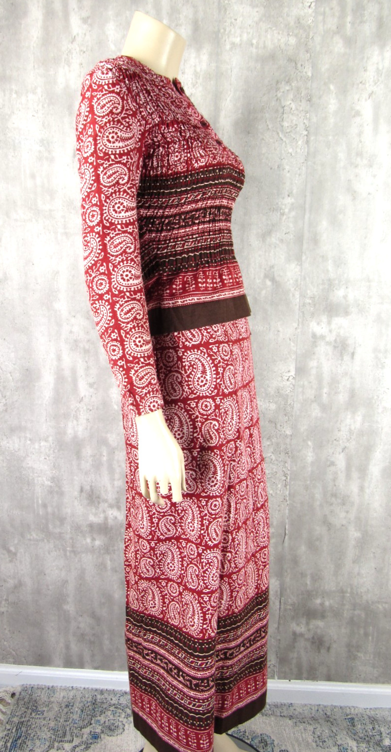 Vintage 70s Bonwit Teller 2pc India Hand Block Cotton Top Wrap Skirt Small