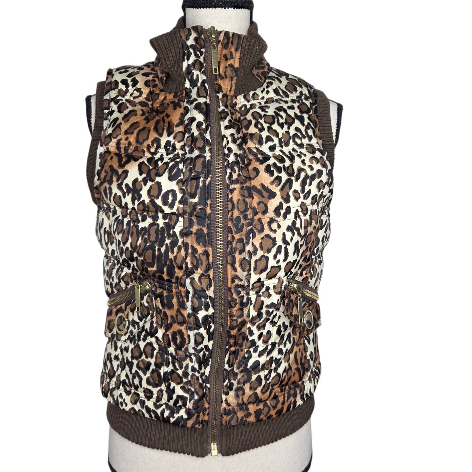 Cache Vest Full Zip Vintage Small Brown Tan Animal Print Pockets Down Fill