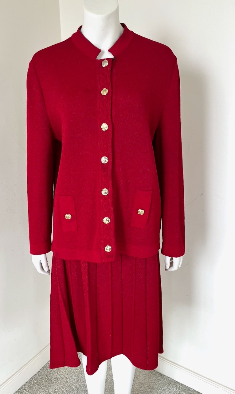 Vintage Castleberry Red Knit Suit Skirt & Jacket Size 16 Made In The USA