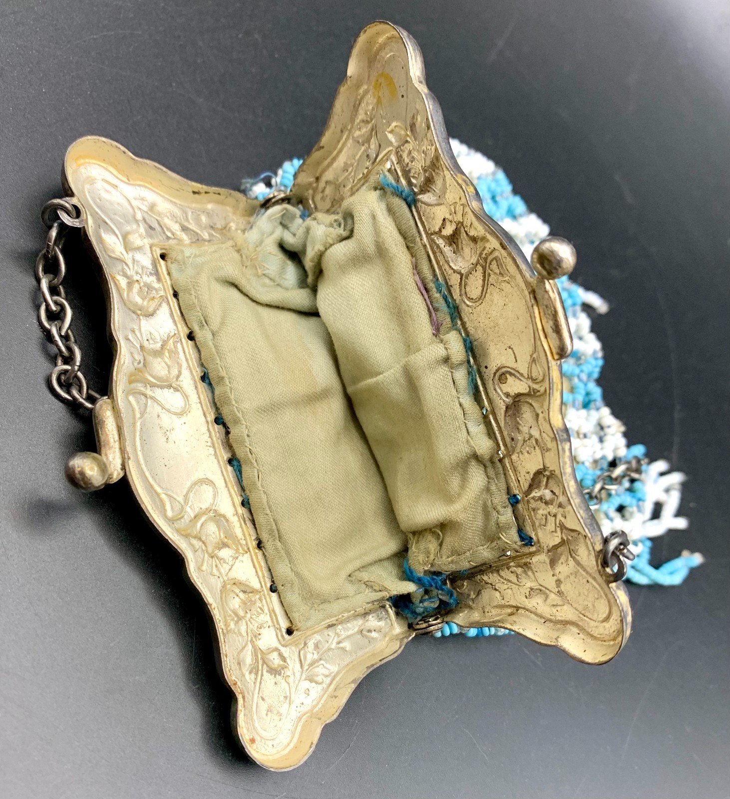 Art Nouveau 1920s Flapper Blue White Seed Bead Mesh Handbag Purse Fringe Chain