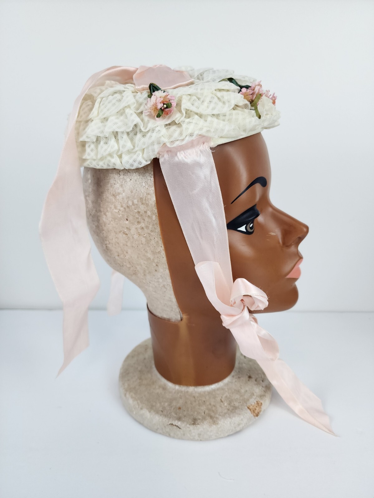 Antique Vintage Pillbox Hat White And Pink Floral With Lace With Ribbon