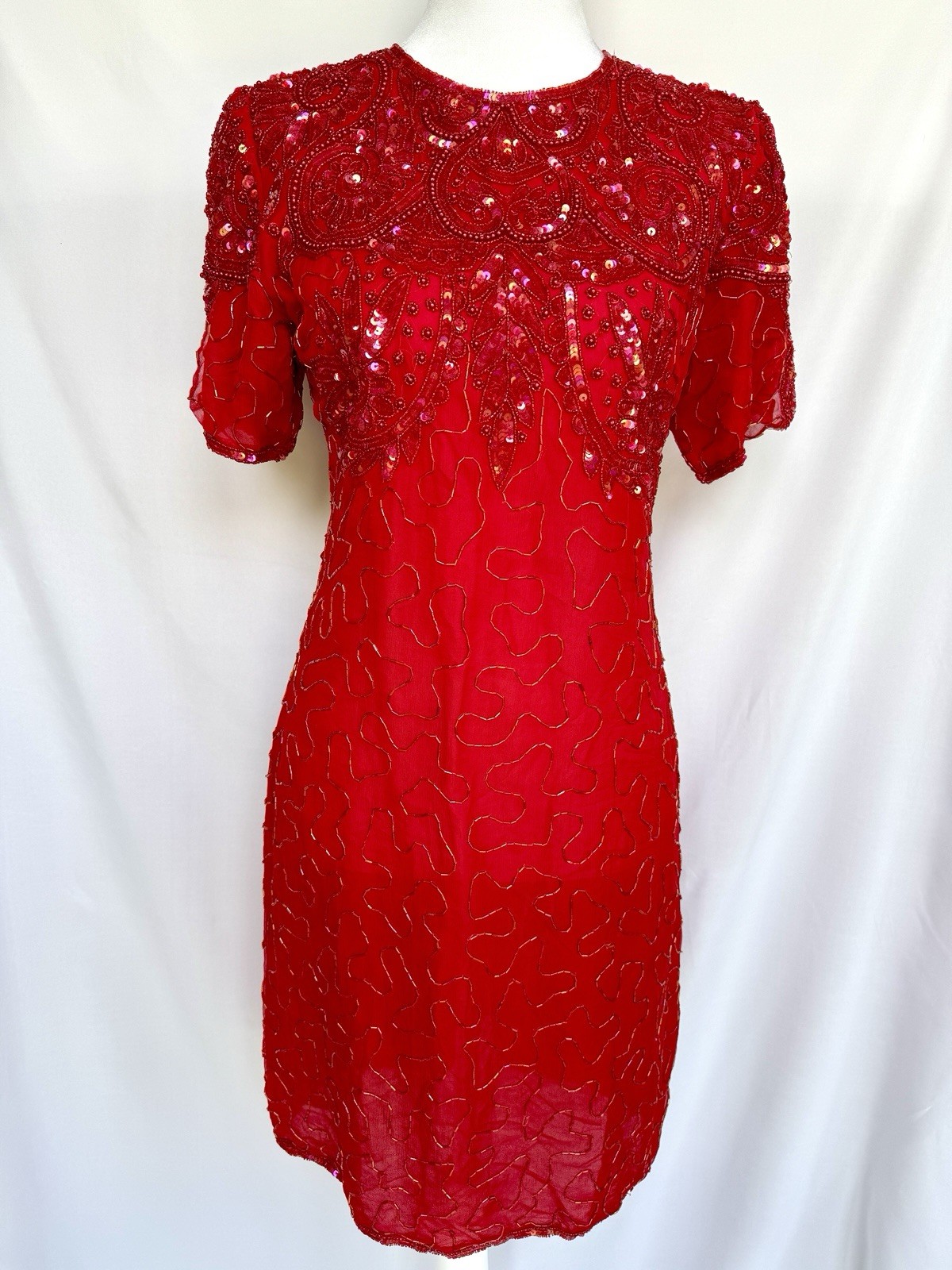 Silky Nites Cherish Red Dress Romantic Heavy Beads Silk Glittery Sexy Glam 80’s