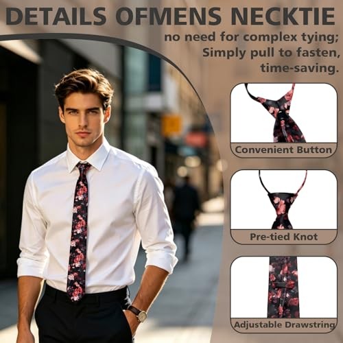 Mens Ties 3.15″ Pre-tied Adjustable Necktie Printed Fashion Neck Tie for Rose