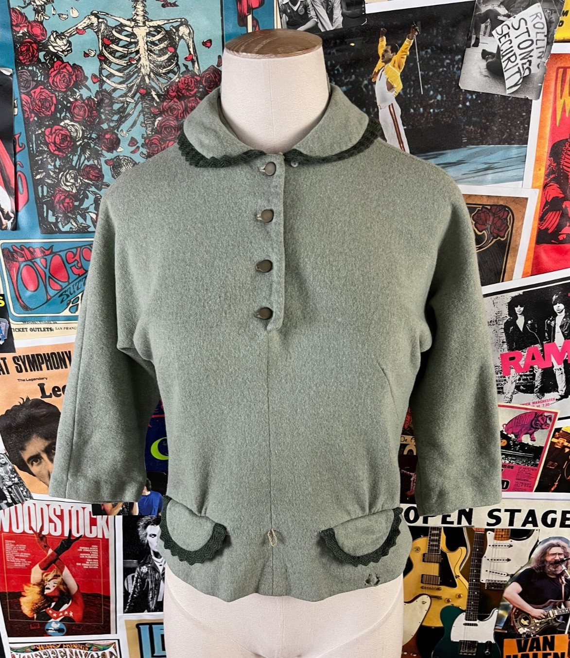 Vtg Womens 1940s Green Peter Pan Collar 3/4 Sleeve Wool Blouse Top Loop Collar