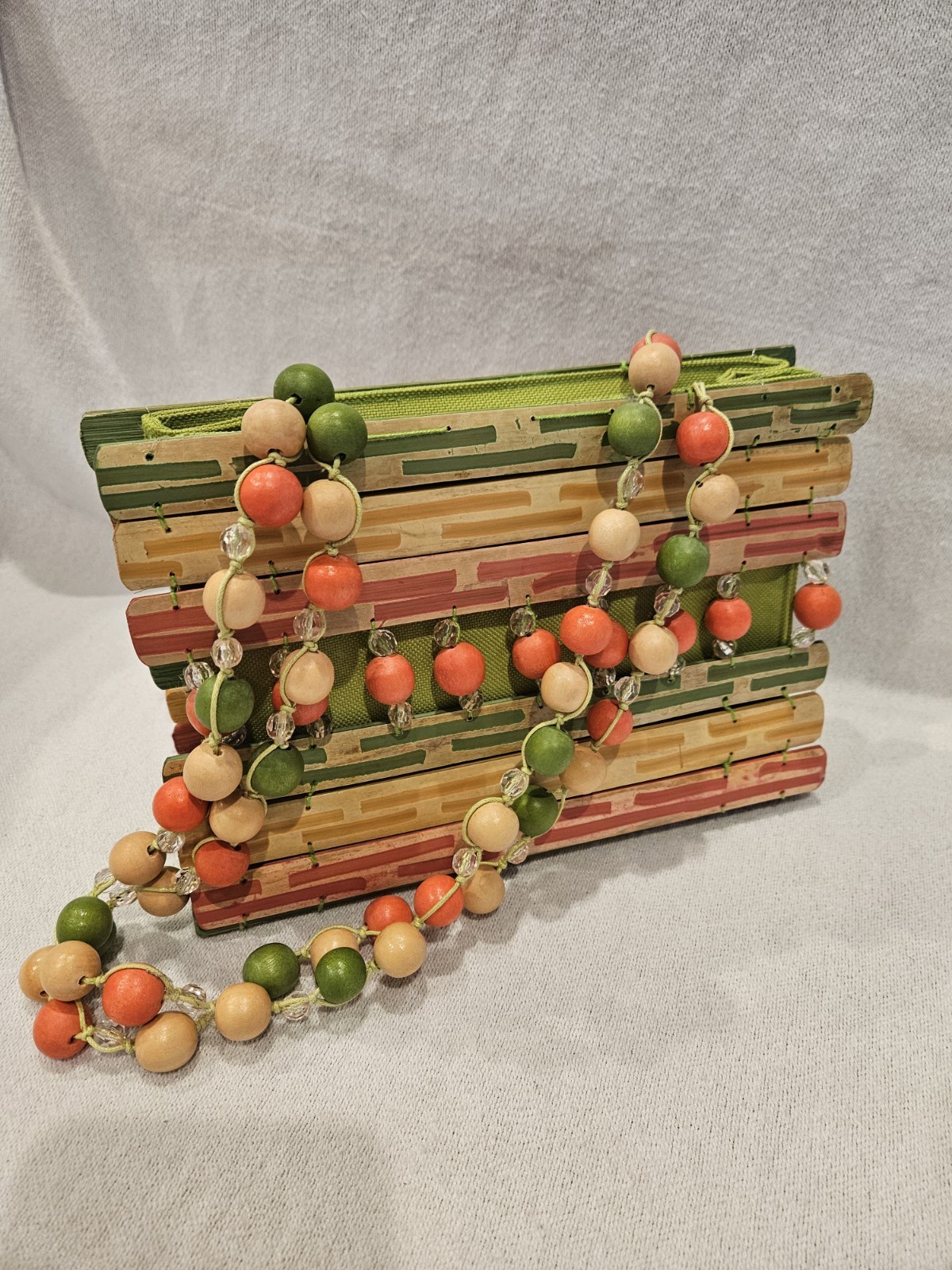 Vintage Boho Wooden Beaded Shoulder Bag Green Beige Orange Casual Purse