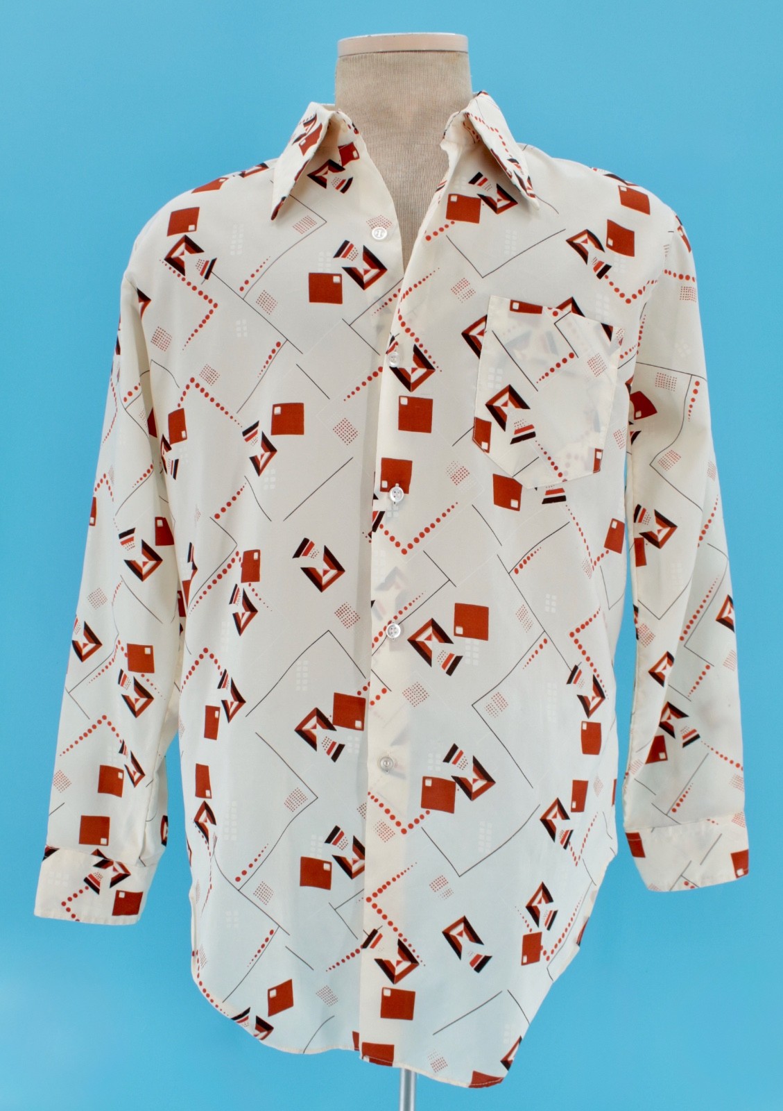 Men’s VTG 70s White & Orange Polyester Geometric Print Shirt Sz M 1970s Disco