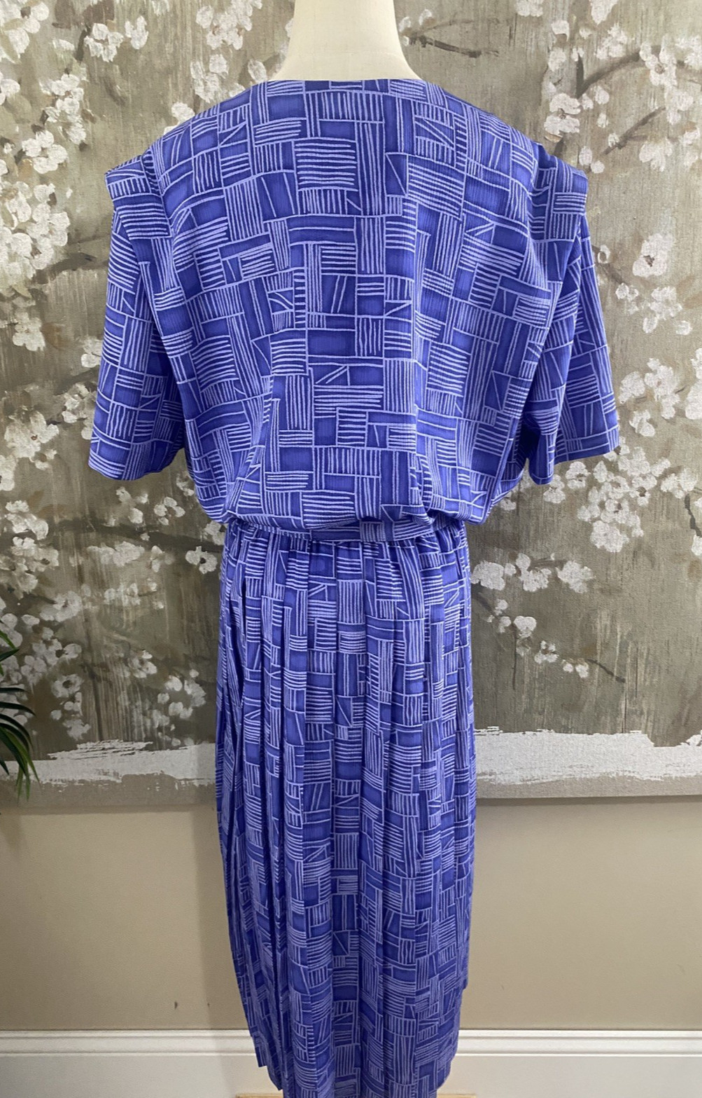 VTG LESLIE FAY SZ 16 Blue Geo Print w/Belt Midi Pleated Secretary Day Dress